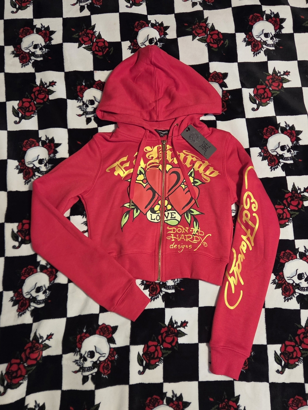 Ed Hardy Red Cropped Zip-Up Hoodie